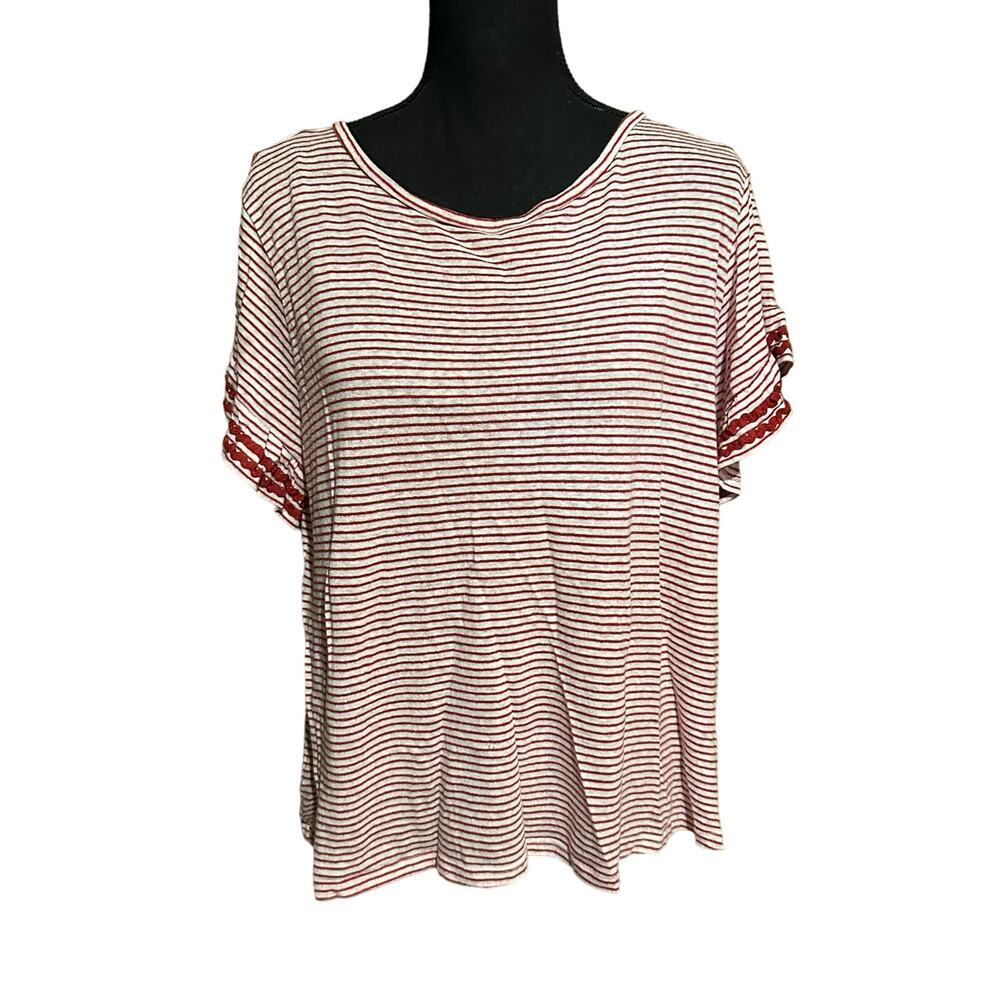 Solutions! Red White Striped Ruffle Sleeve T-Shirt Top Women's M Medium